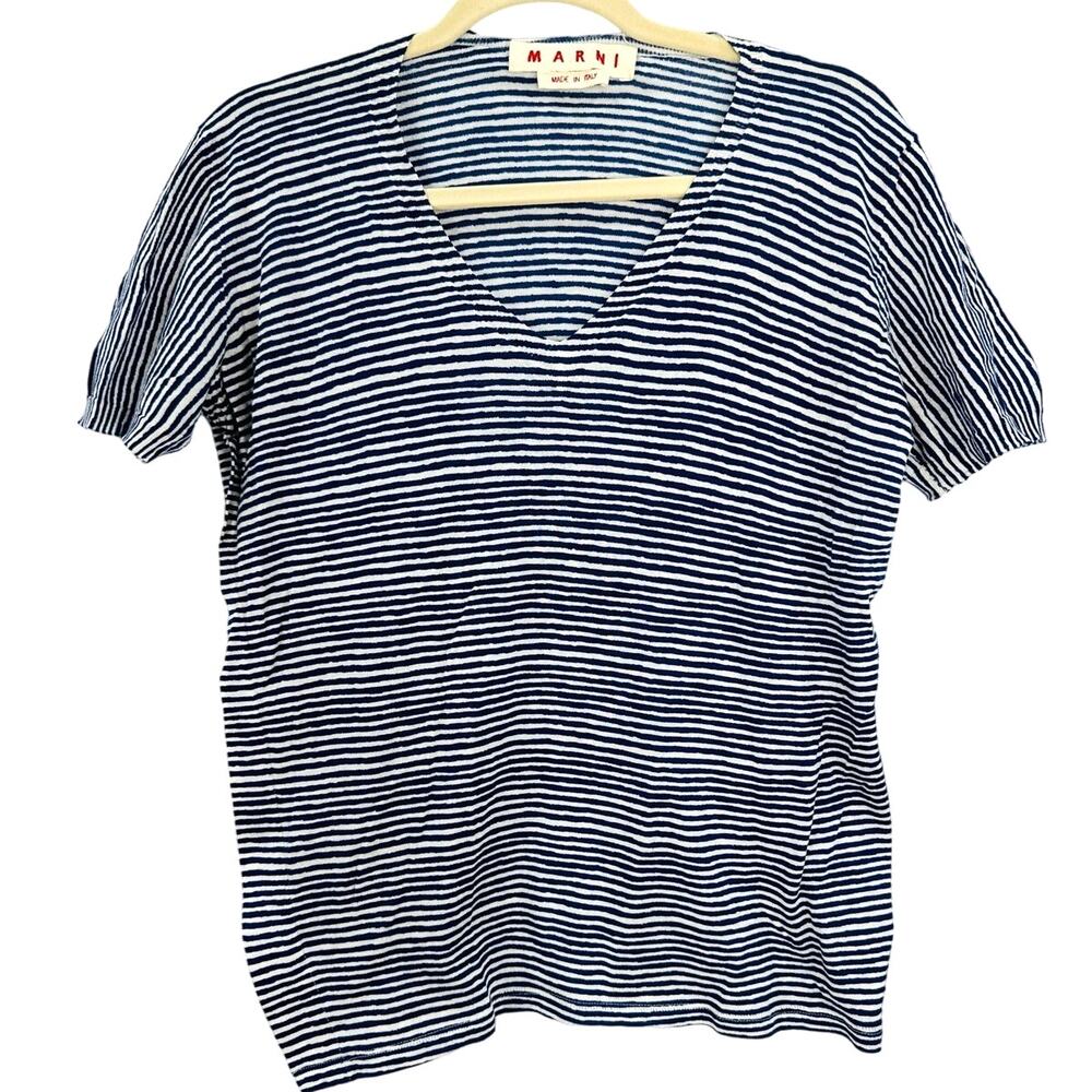 Marni Asymmetric V-Neck Striped Tee Blue White Size 38 Small